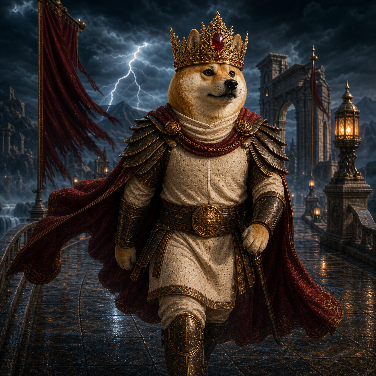 Dogeus Maximus crossing a stormy marble bridge