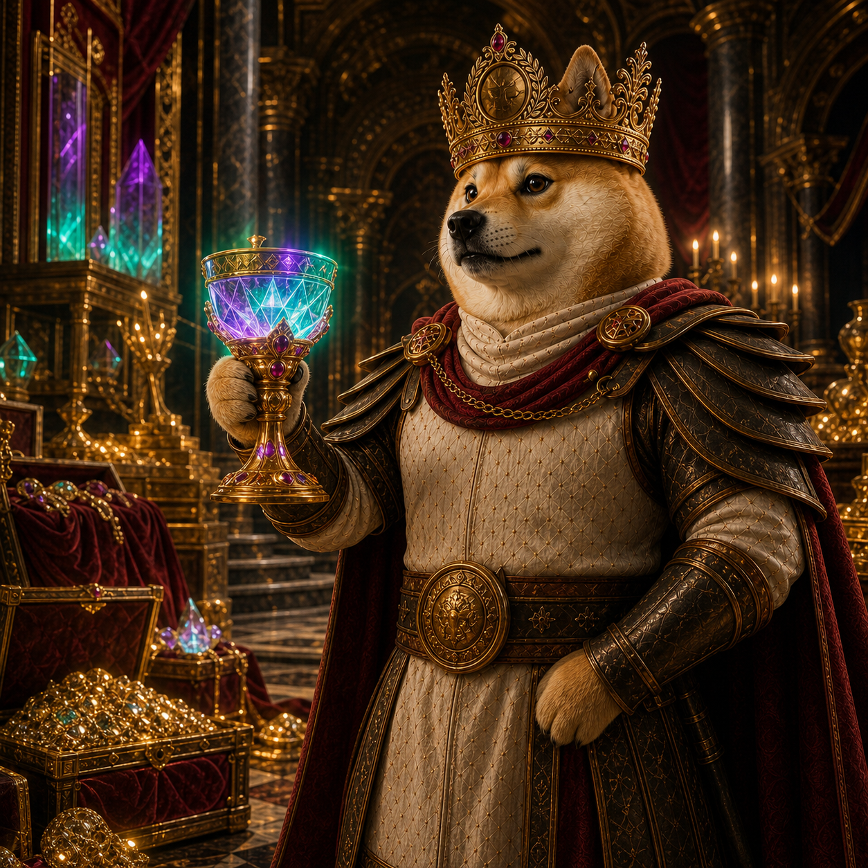 Dogeus Maximus in a royal treasury with glowing crystals